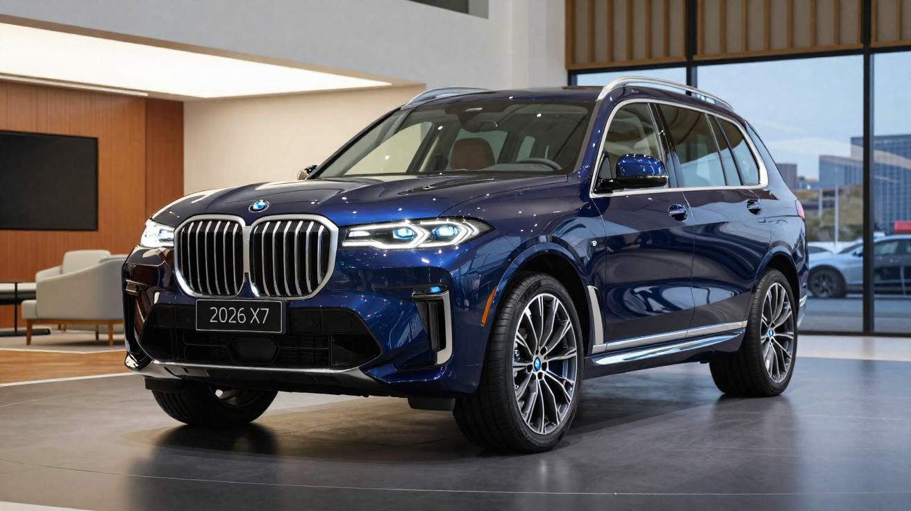 SUV BMW X7 2026 azul exibido em showroom com design moderno e grade frontal imponente.