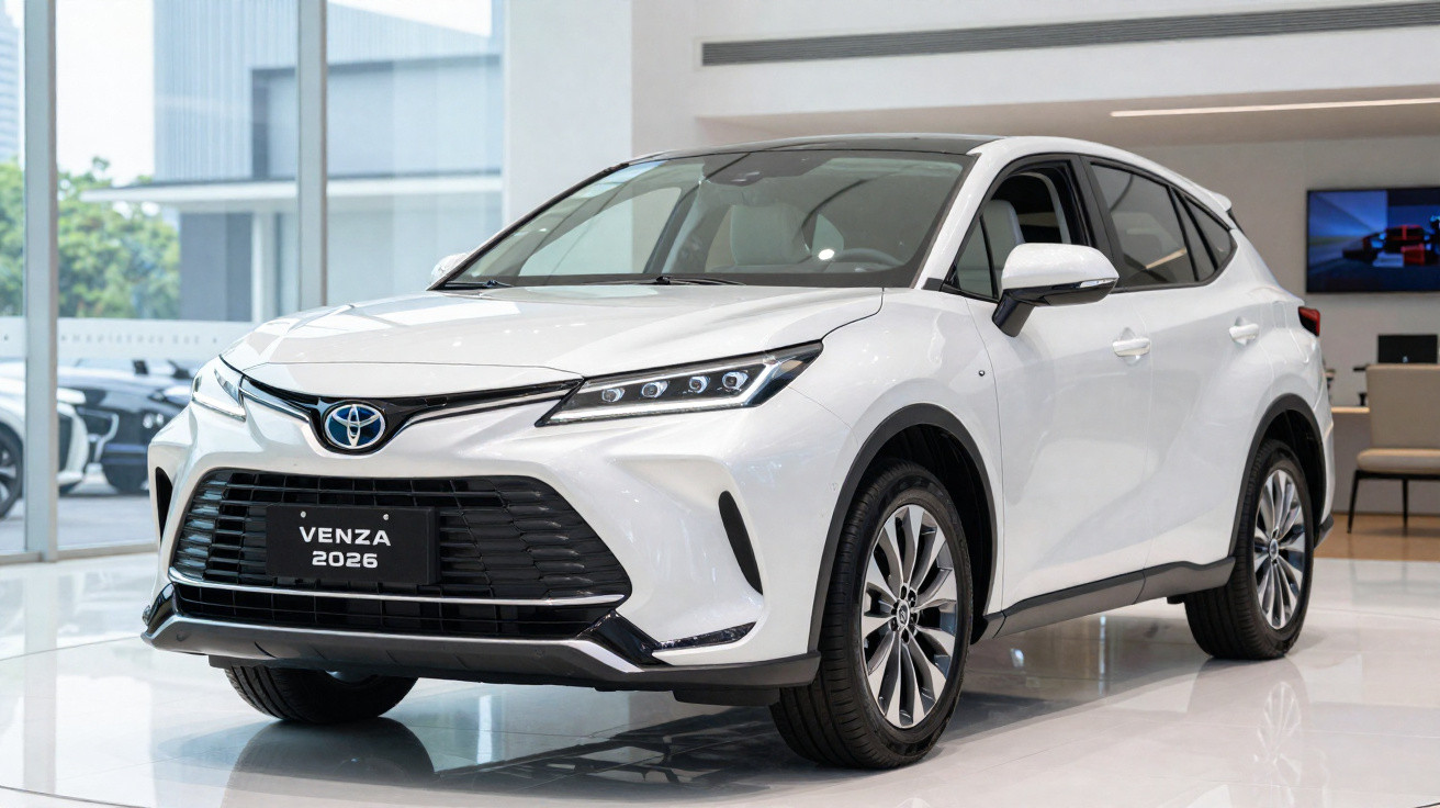Toyota Venza 2026 branco exibido em showroom moderno com vidro e piso refletivo.