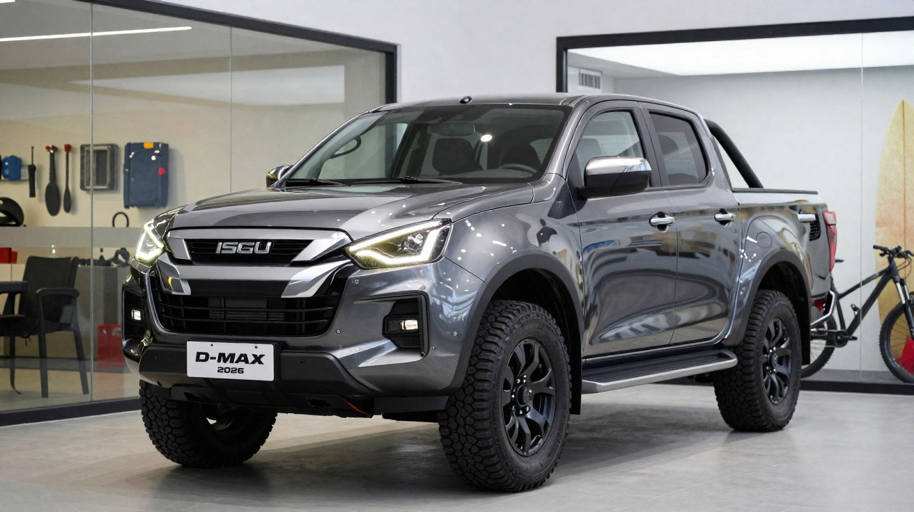 Picape Isuzu D-Max 2026 cinza em showroom, com rodas pretas e faróis acesos.