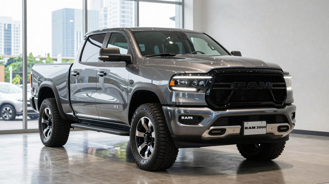 Picape RAM 3500 cinza metálica exibida em showroom moderno com piso refletivo.