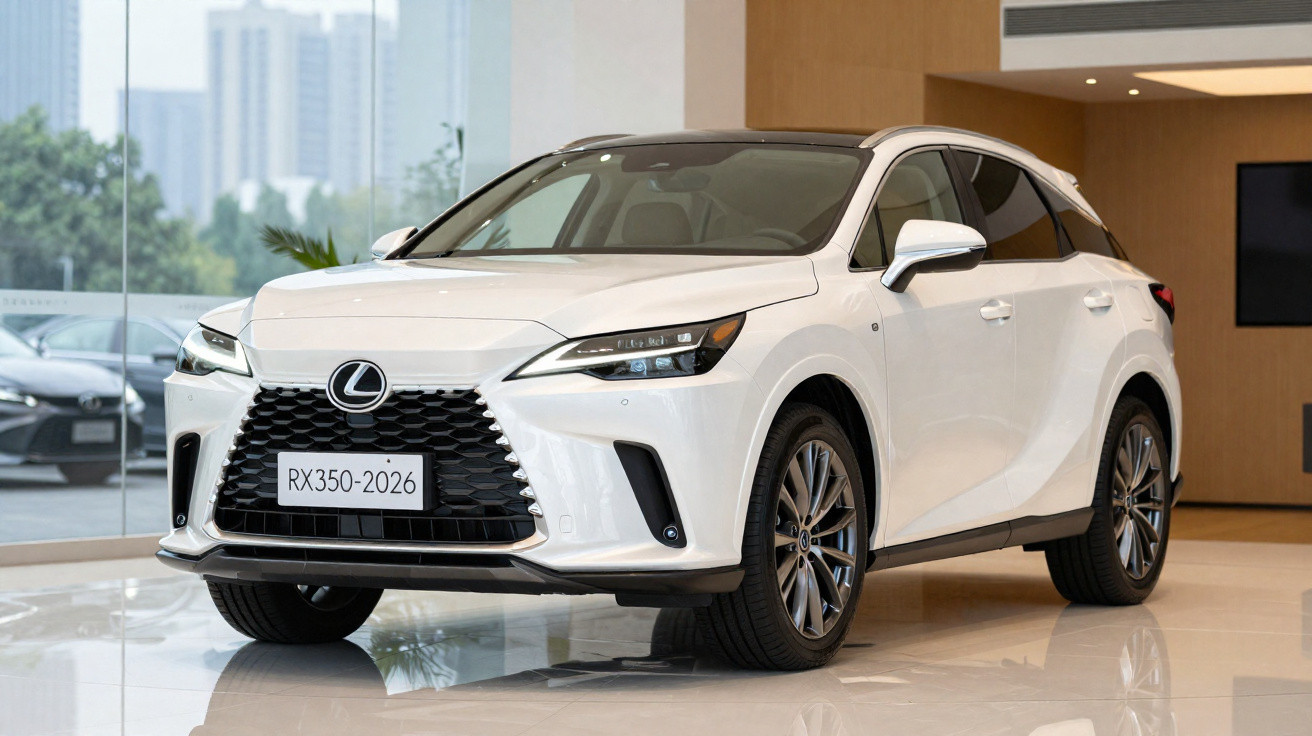Carro SUV branco Lexus RX350 2026 exibido em showroom moderno com piso brilhante.