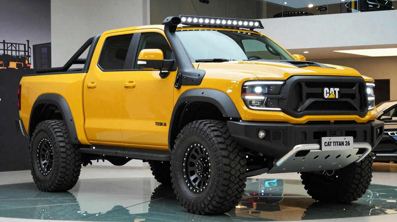 Picape amarela CAT Titan 26 com pneus off-road robustos e barra de luz no teto em exposição interna.