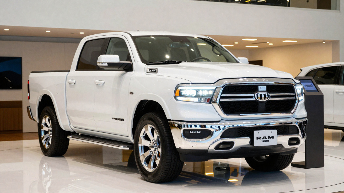 Picape branca RAM 1500 com faróis acesos exibida em showroom moderno e iluminado.