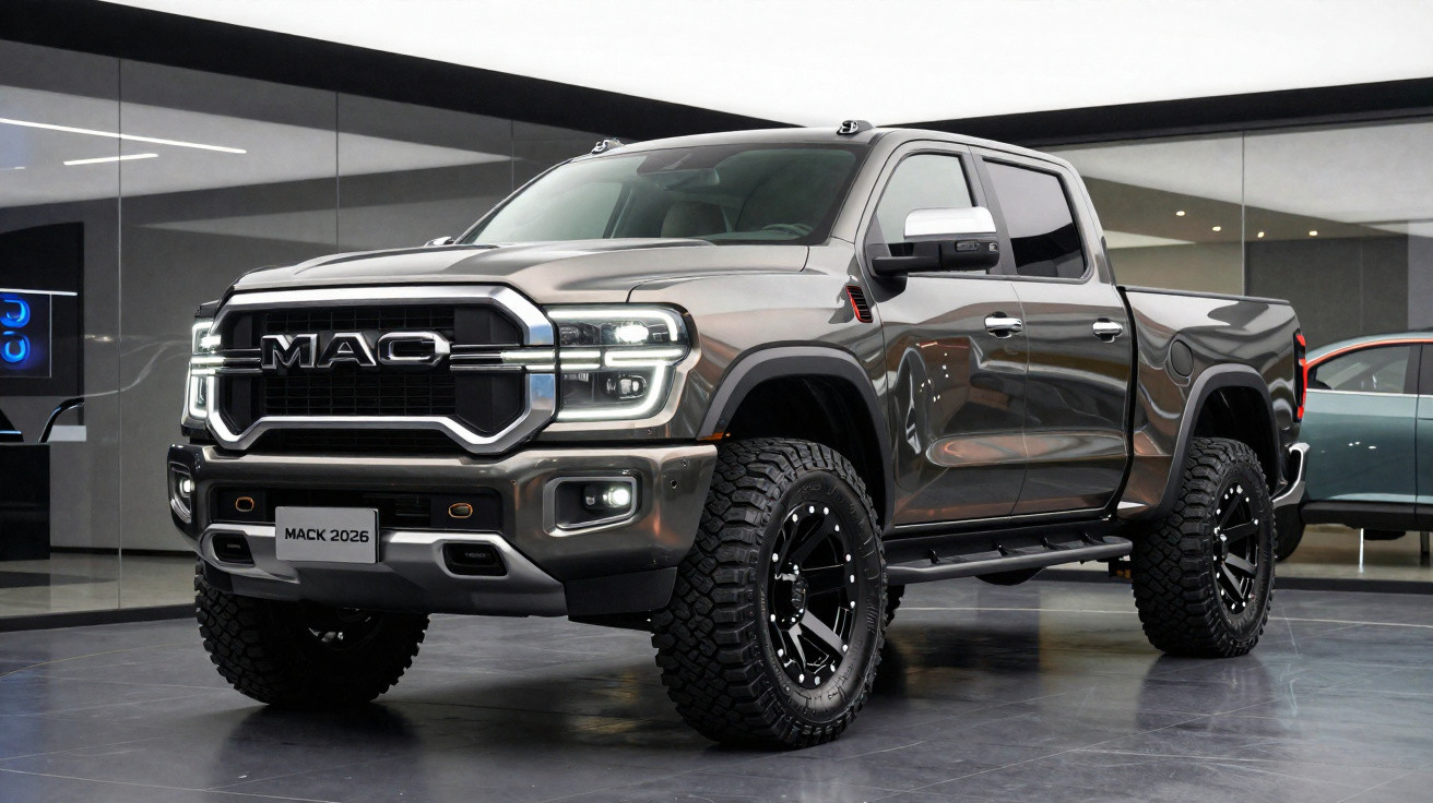 Picape MACK 2026 cinza metálico com para-choque robusto e pneus off-road em showroom moderno.