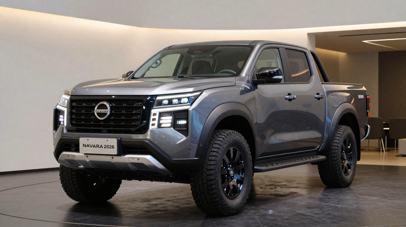 Picape Nissan Navara 2026 cinza estacionada em ambiente interno com iluminação suave.