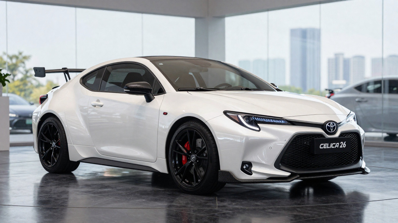 Carro esportivo branco Toyota Celica 26 com rodas pretas e freios vermelhos em salão com vidro e prédios ao fundo.