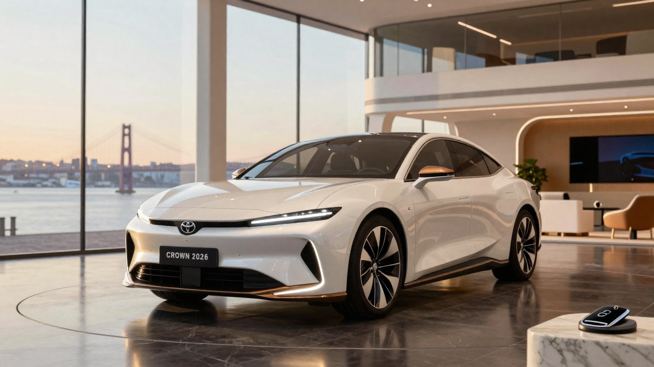 Carro Toyota Crown 2026 branco exposto em ambiente moderno com vista para ponte e rio ao fundo.