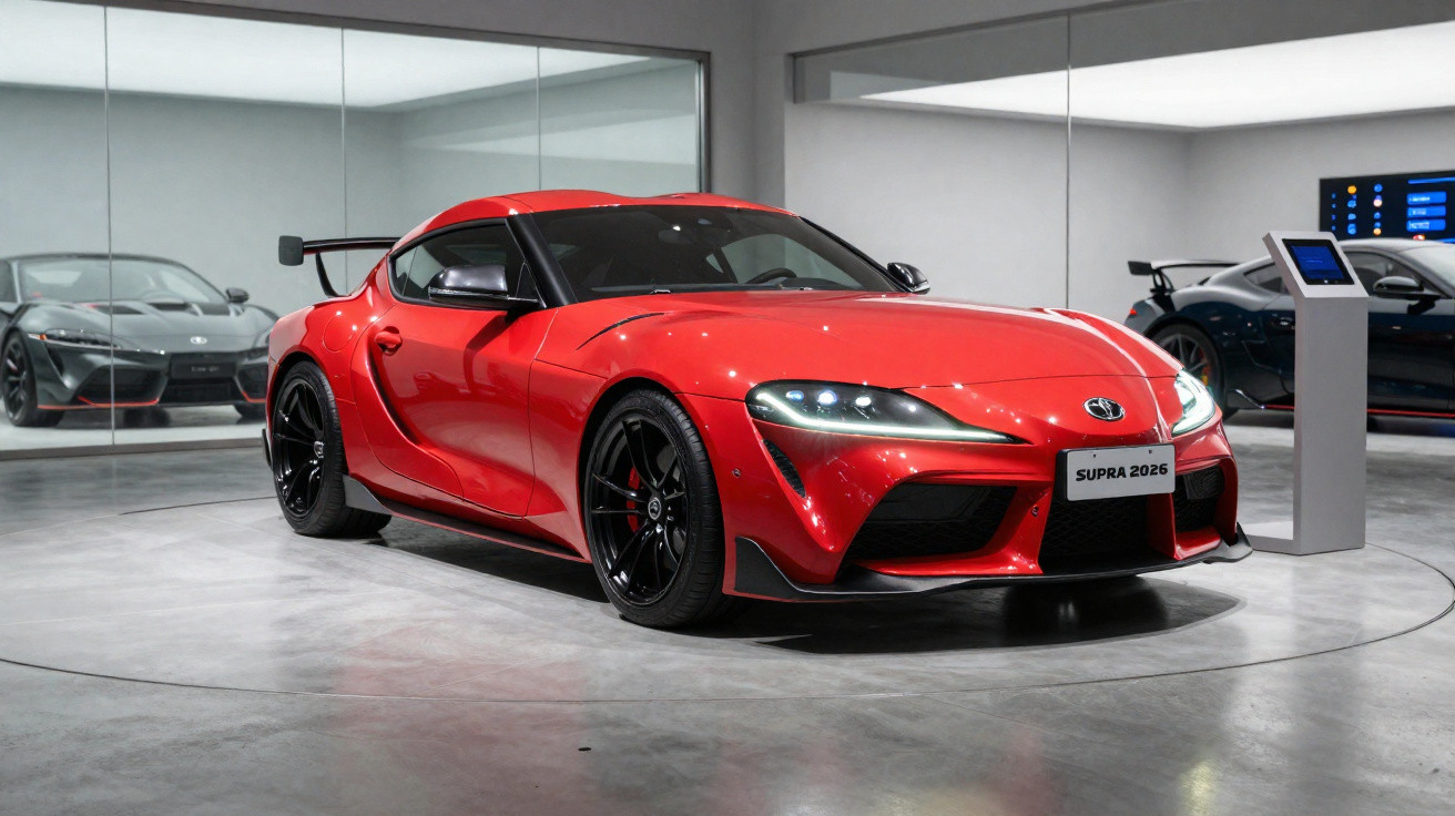 Carro esportivo Toyota Supra 2026 vermelho exibido em showroom moderno com espelhos ao fundo.
