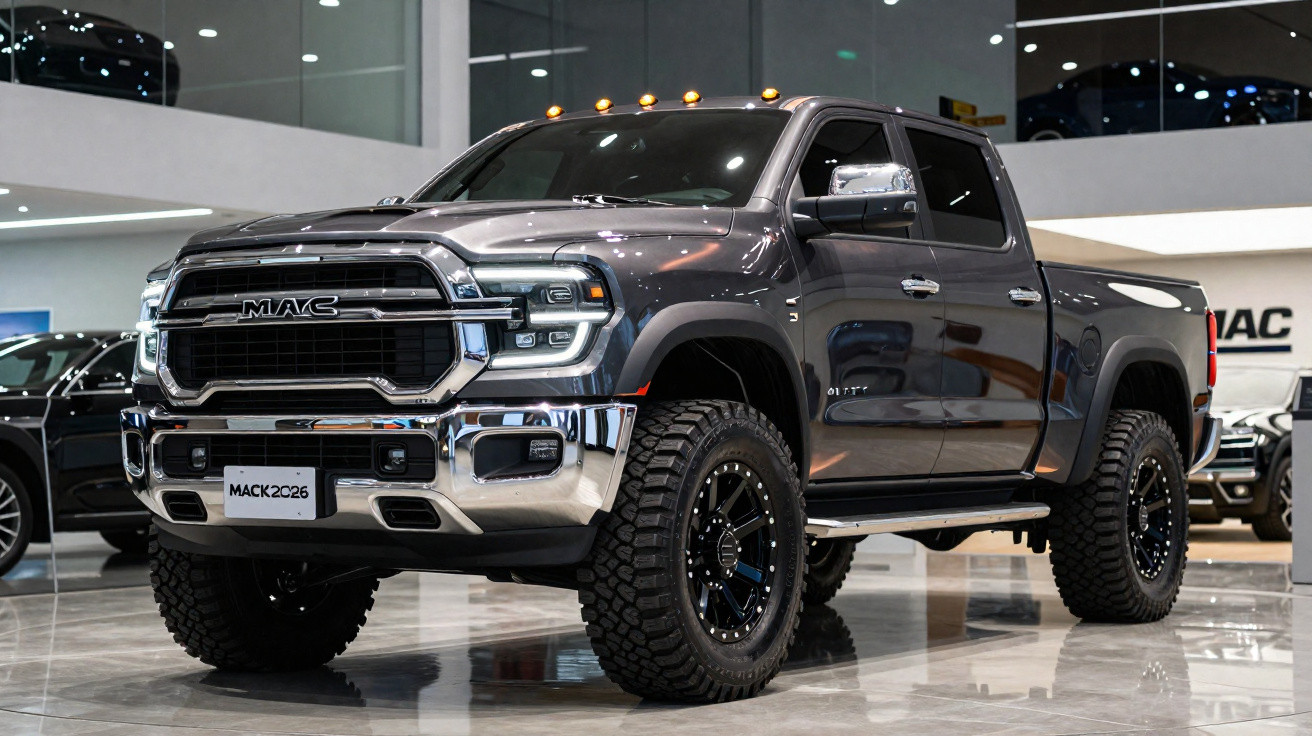 Picape preta de grande porte exibida em showroom, com detalhes cromados e pneus off-road robustos.