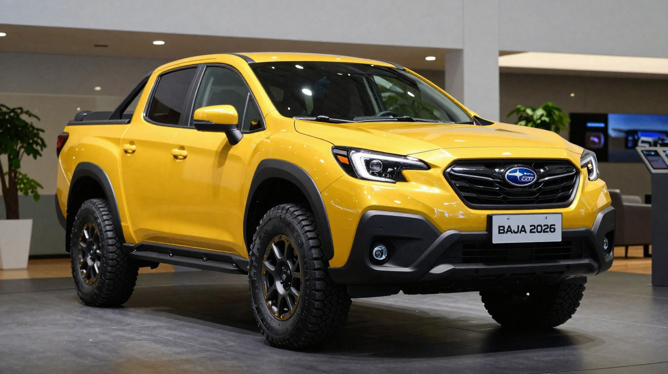 Picape Subaru Baja 2026 amarela exibida em ambiente interno com pneus robustos e design moderno.