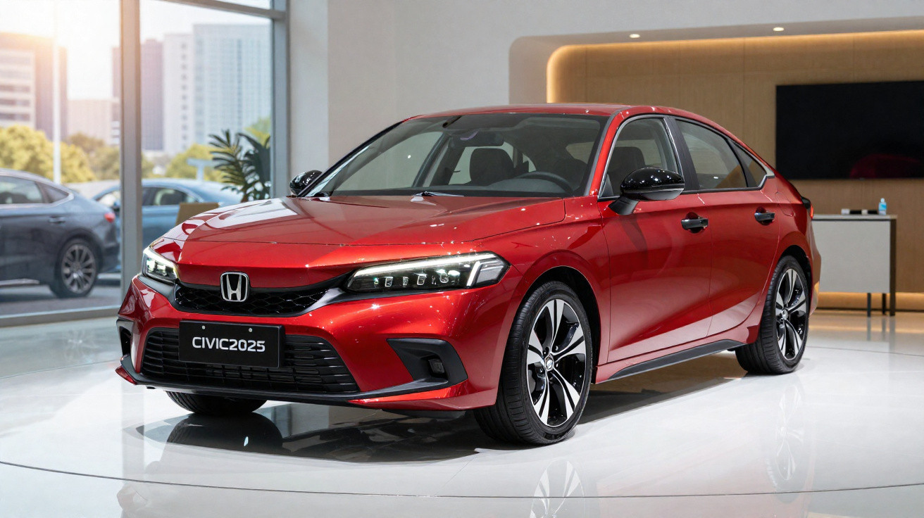 Carro Honda Civic 2025 vermelho exibido em ambiente interno moderno, com janelas e móveis ao fundo.