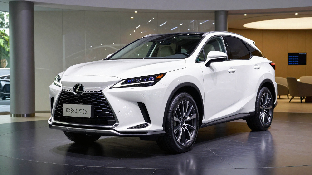 Carro SUV Lexus RX350 branco 2026 exposto em showroom moderno com piso escuro e paredes claras.