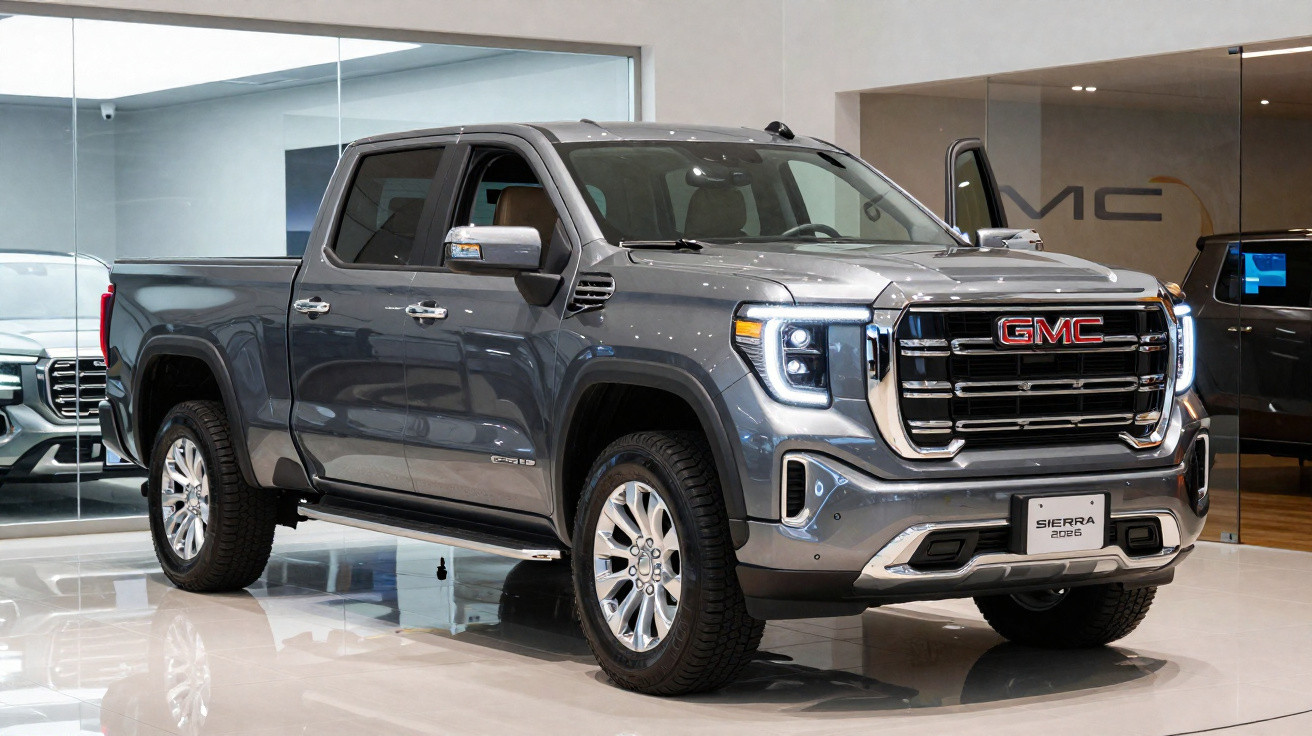 Picape GMC Sierra 2023 cinza em exposição interna, vista frontal direita.