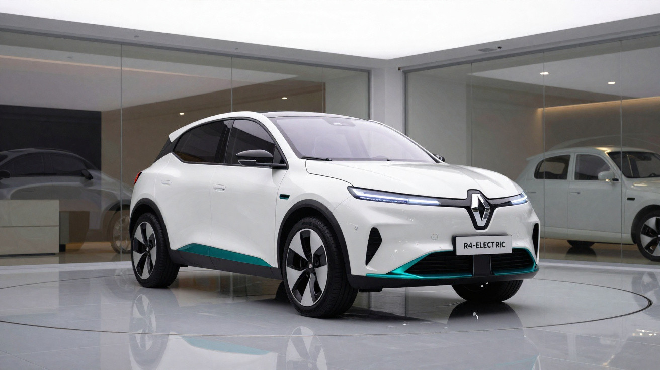 Carro elétrico branco Renault R4 em exposição, com design moderno e vidro escuro.
