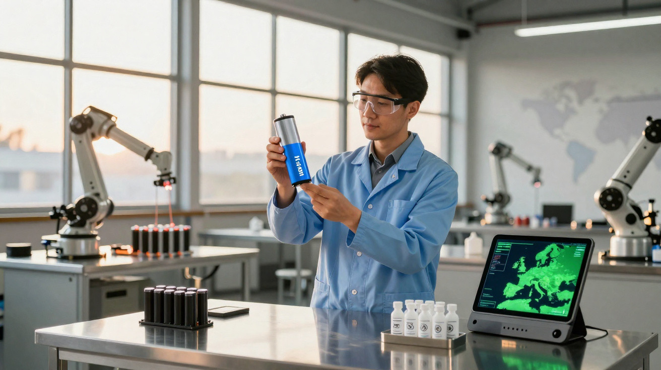 Cientista em laboratório com jaleco azul e óculos de proteção segurando uma bateria azul.