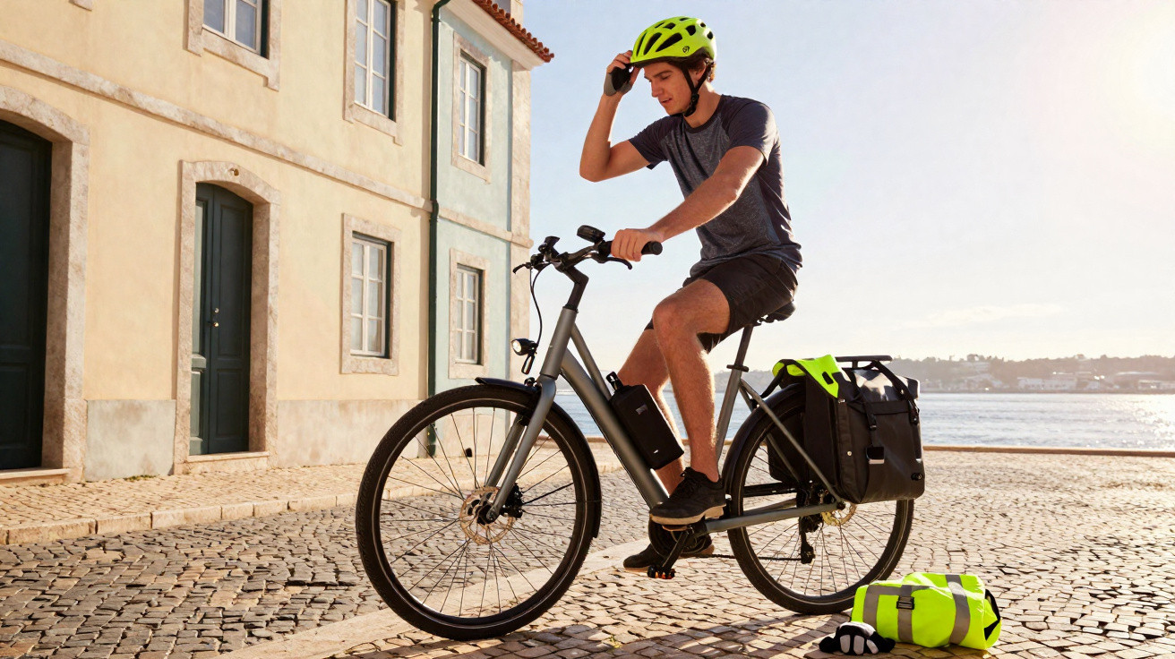 Homem com capacete ajustando capacete enquanto está parado em bicicleta elétrica em calçada de pedras perto do mar.