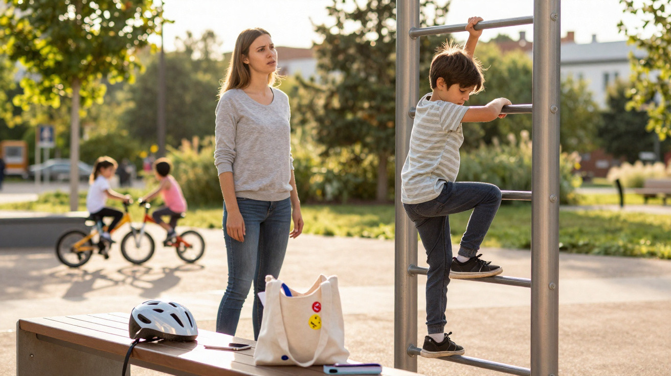 Criança subindo escada em playground com mulher observando e crianças andando de bicicleta ao fundo.