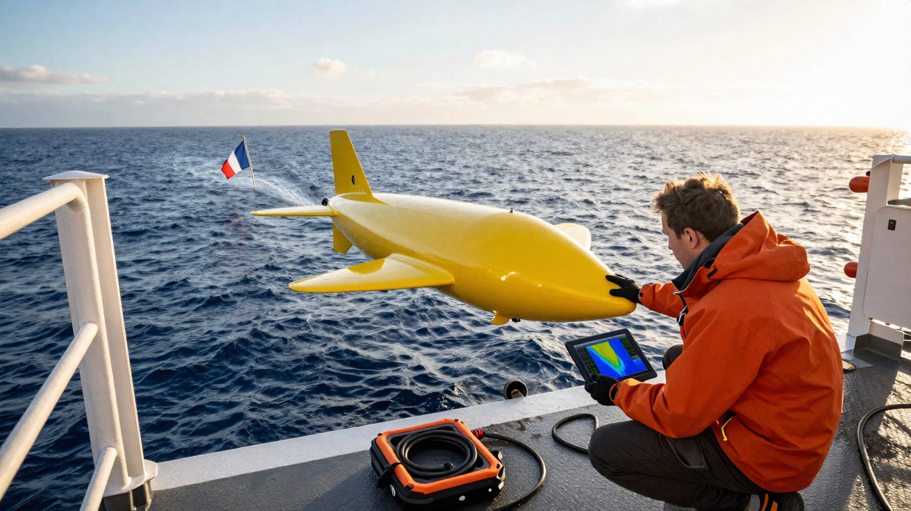 Homem com jaqueta laranja opera drone submarino amarelo próximo a um barco no oceano ao pôr do sol.
