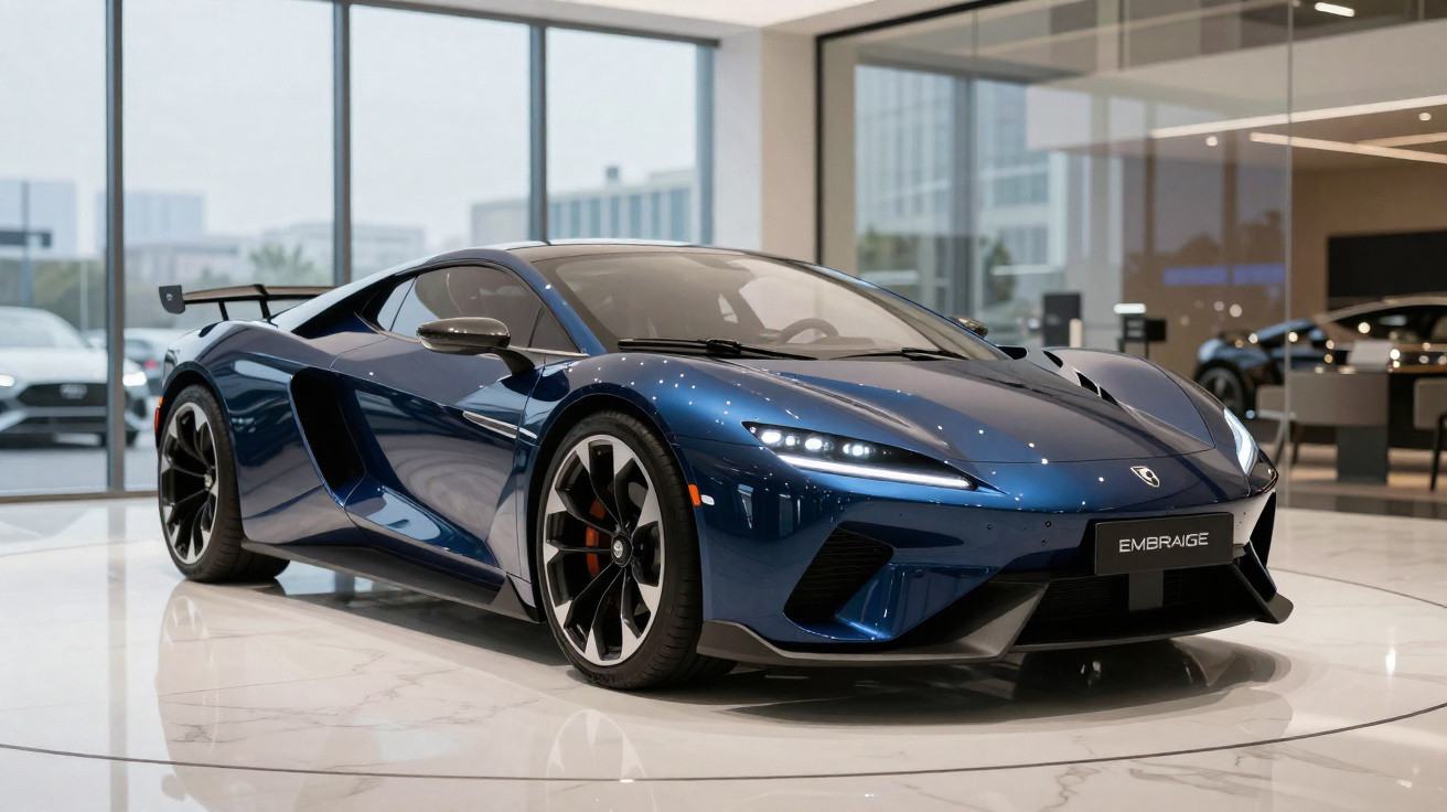 Carro esportivo azul metálico estacionado em showroom moderno com piso branco e grandes janelas.