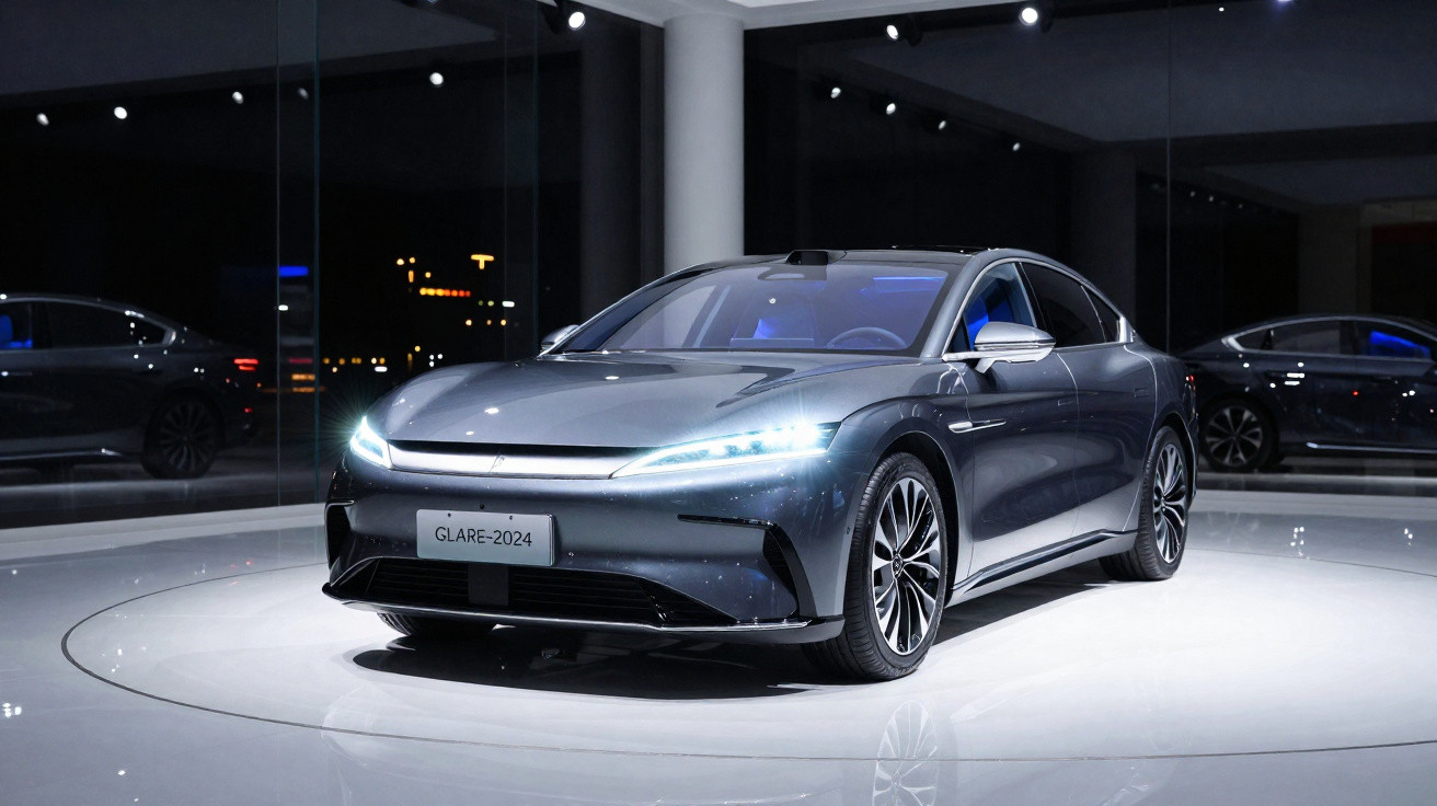 Carro elétrico cinza metálico modelo GLARE-2024 em exibição em showroom iluminado à noite.