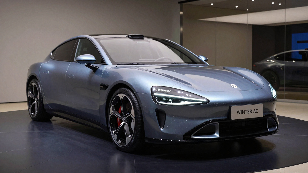Carro esportivo cinza metálico em exposição com faróis LED e placa com nome “WINTER AC”.