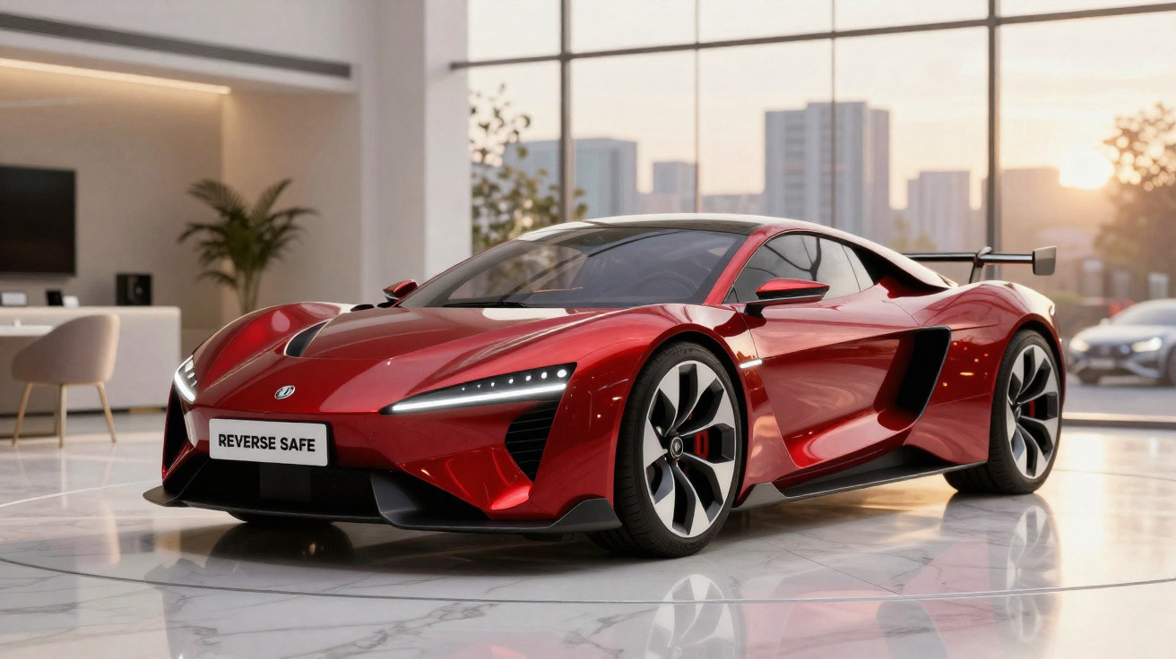 Carro esportivo vermelho com design futurista exibido em ambiente interno com grandes janelas.