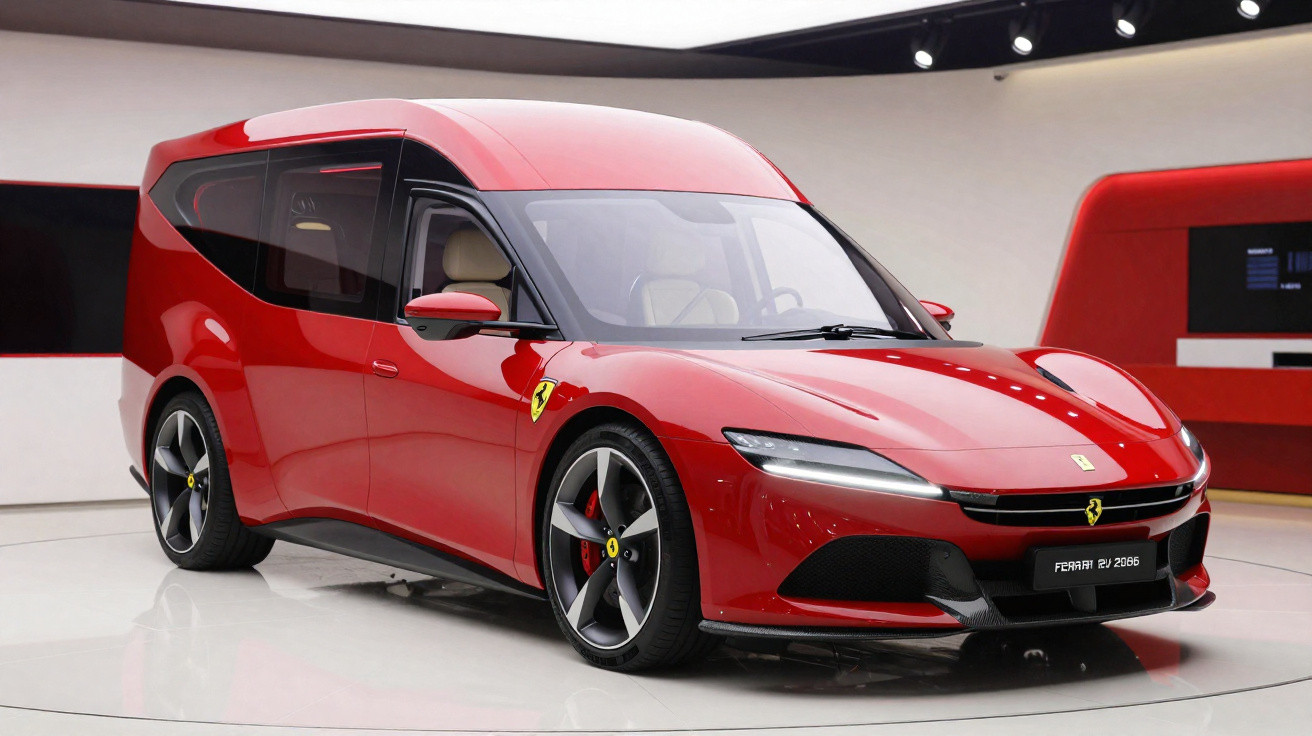 Carro vermelho Ferrari com design futurista, em exposição interna com iluminação branca e detalhes pretos.
