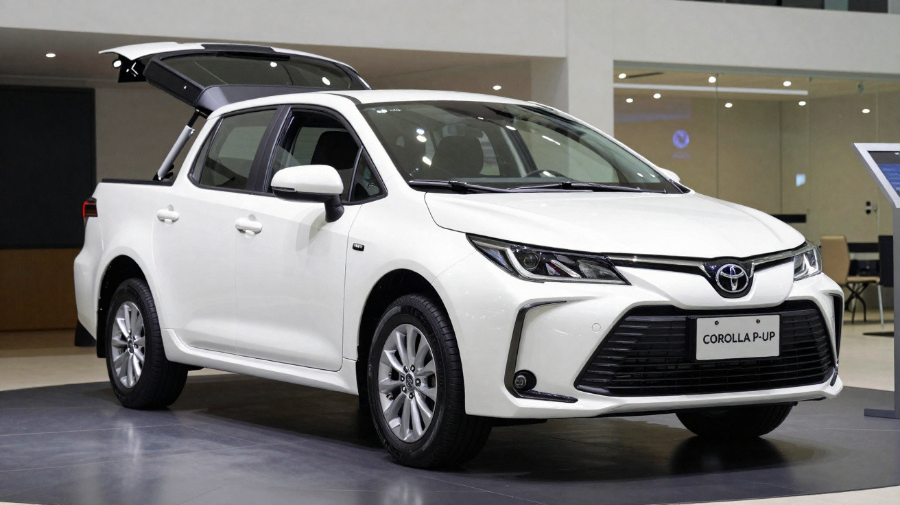 Picape branca Toyota Corolla P-up exposta em ambiente interno com caçamba aberta.