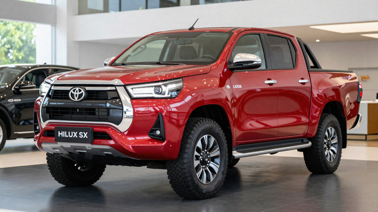 Picape Toyota Hilux SX vermelha exibida em showroom moderno, vista frontal lado esquerdo.