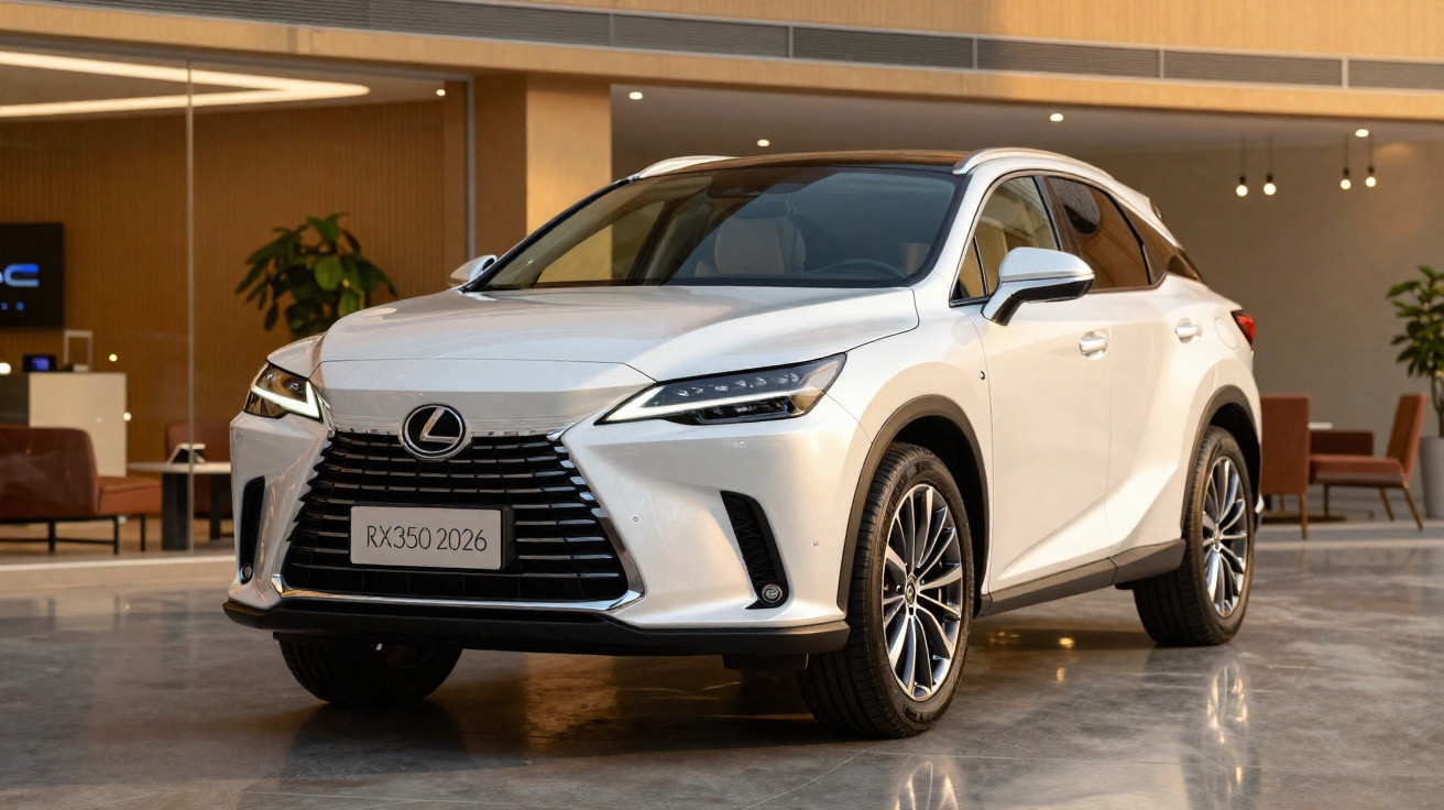SUV branco Lexus RX350 2026 estacionado em ambiente interno moderno e iluminado.