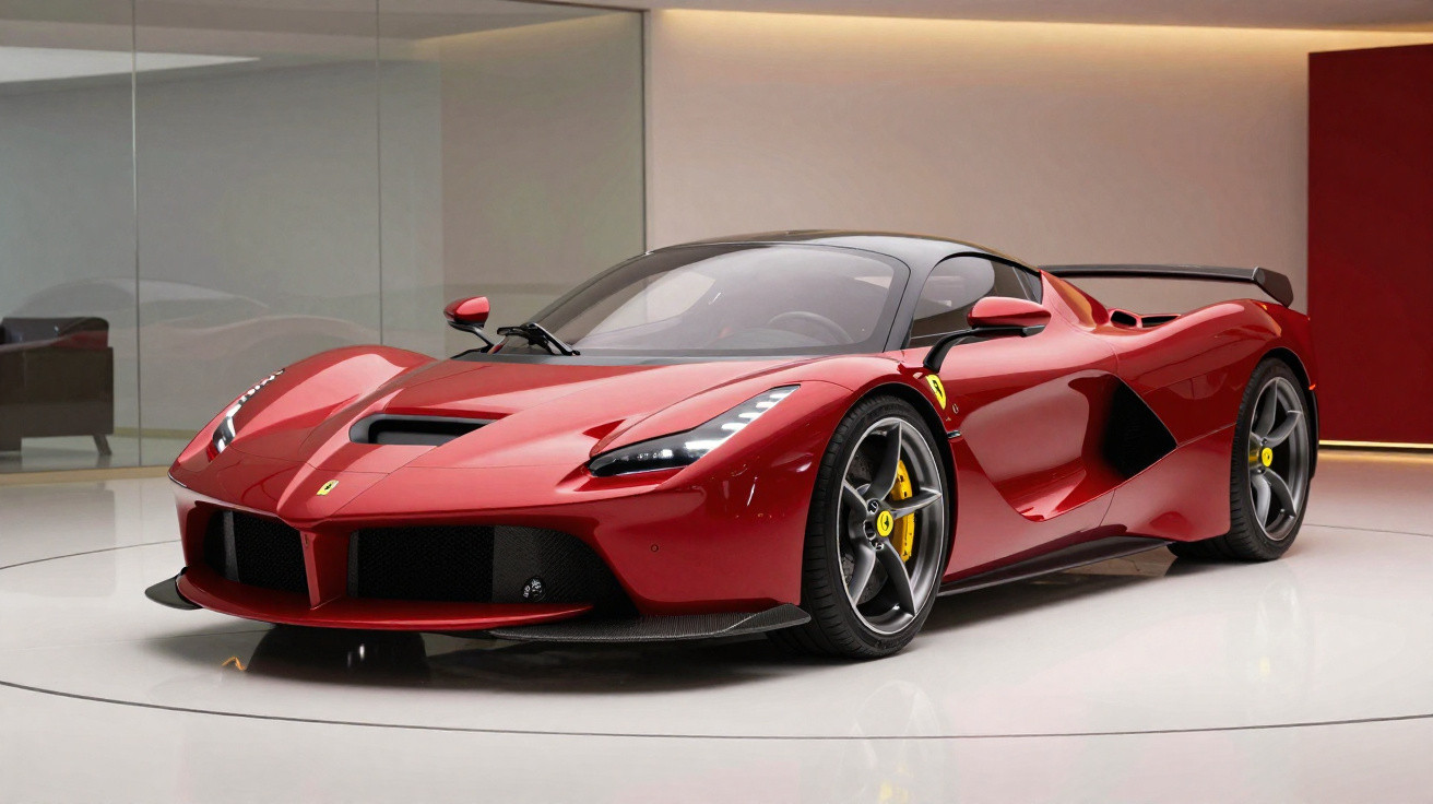 Carro esportivo vermelho Ferrari estacionado em ambiente interno com piso branco e parede bege.