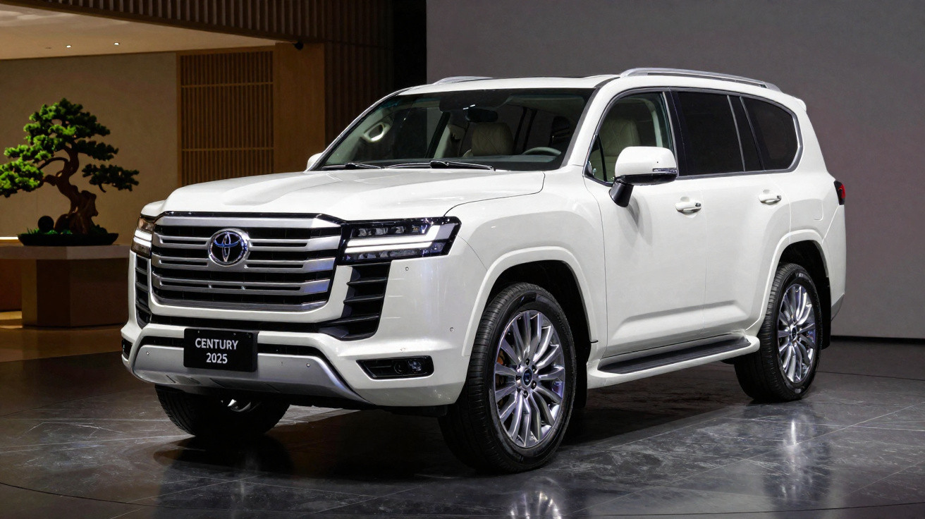 SUV branco Toyota Century 2025 exibido em ambiente interno moderno.