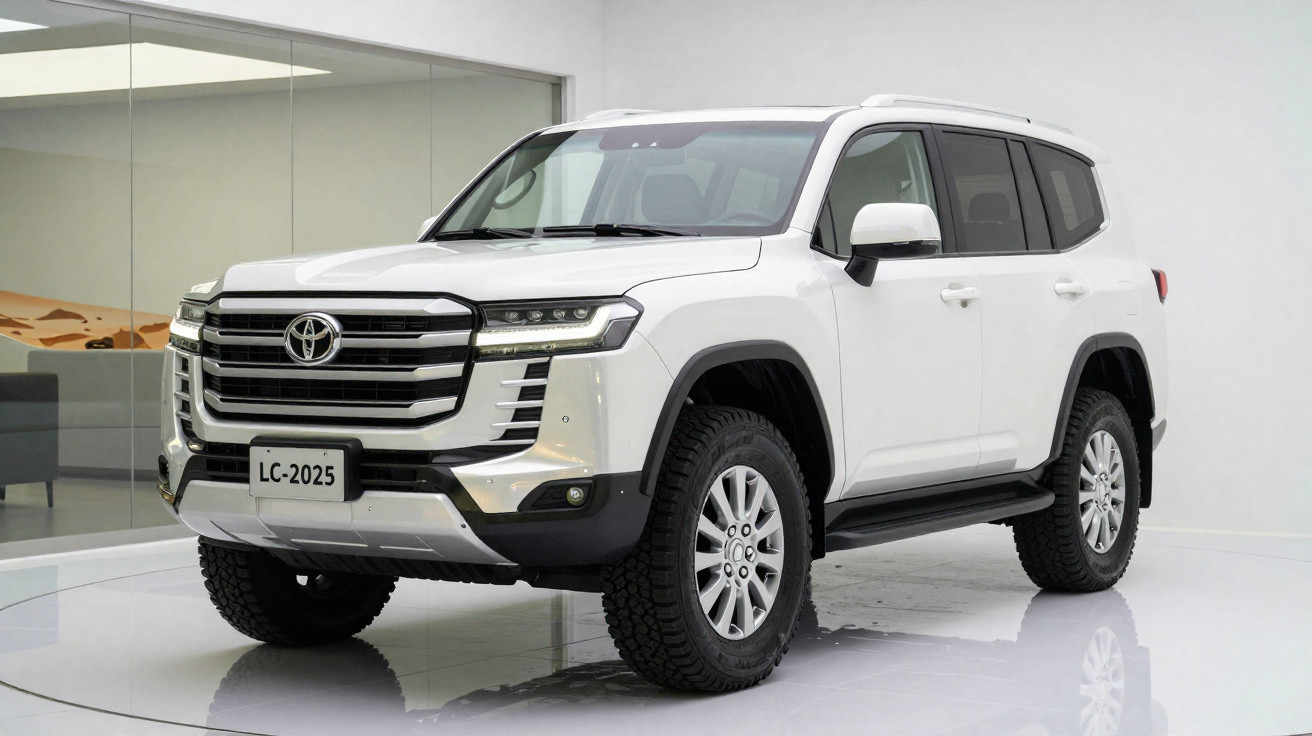 SUV branco modelo Toyota Land Cruiser 2025 exibido em ambiente interno com piso branco brilhante.