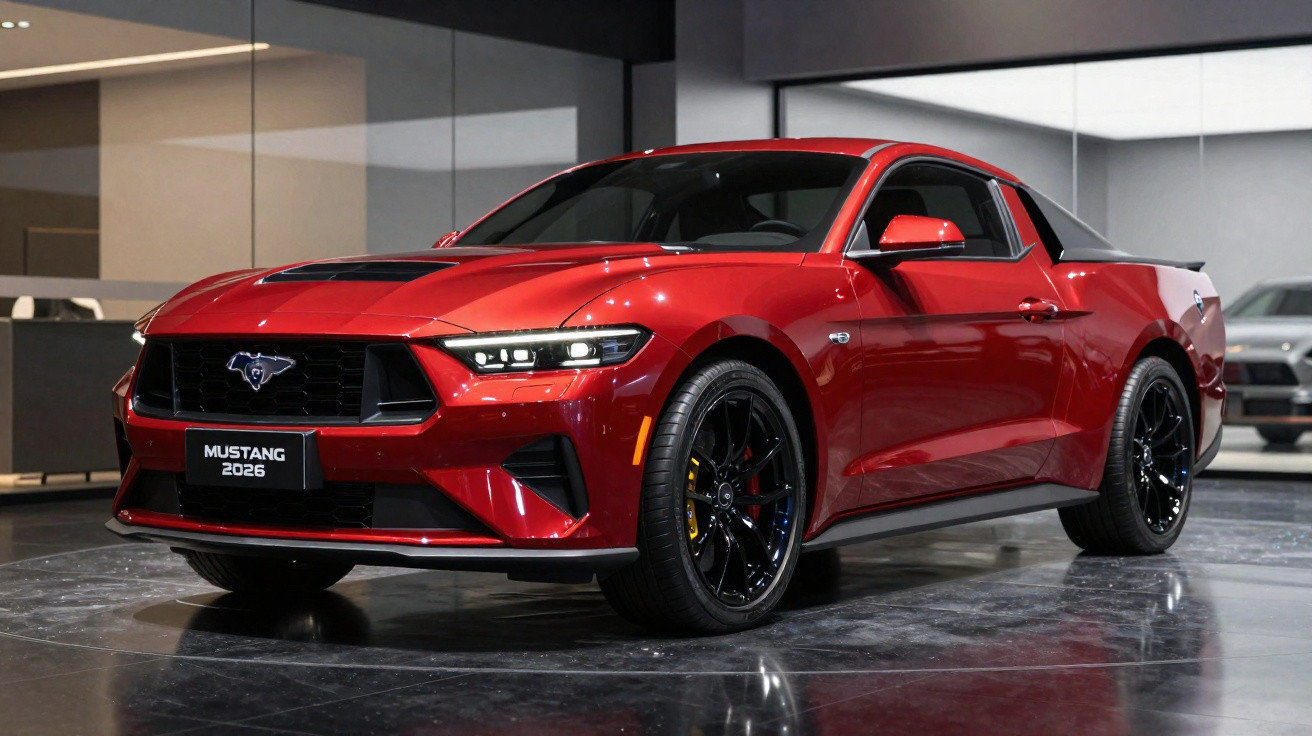 Carro esportivo Ford Mustang 2026 vermelho exibido em showroom moderno.