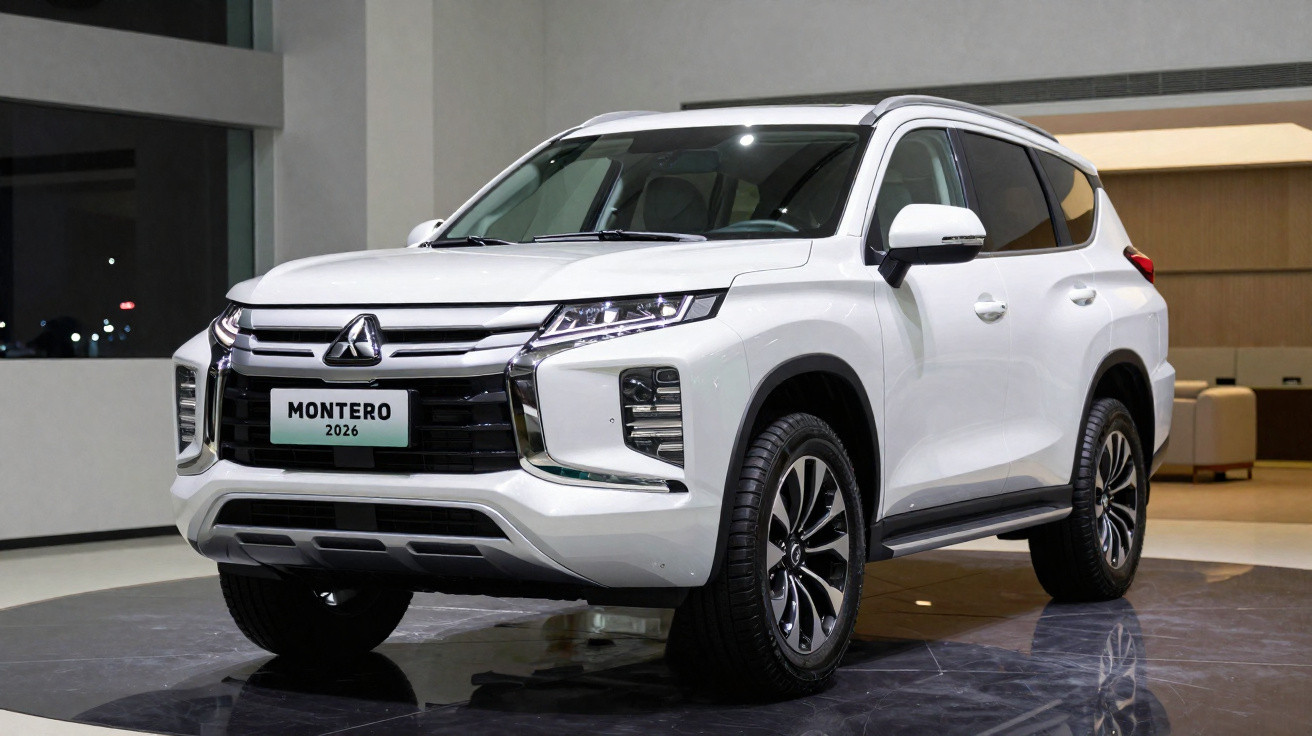 SUV branco Mitsubishi Montero 2026 exposto em salão com piso refletivo e ambiente elegante.