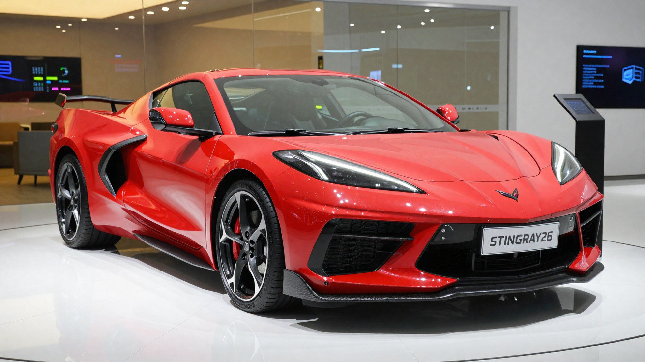 Carro esportivo vermelho Chevrolet Corvette Stingray 2026 exposto em salão moderno.