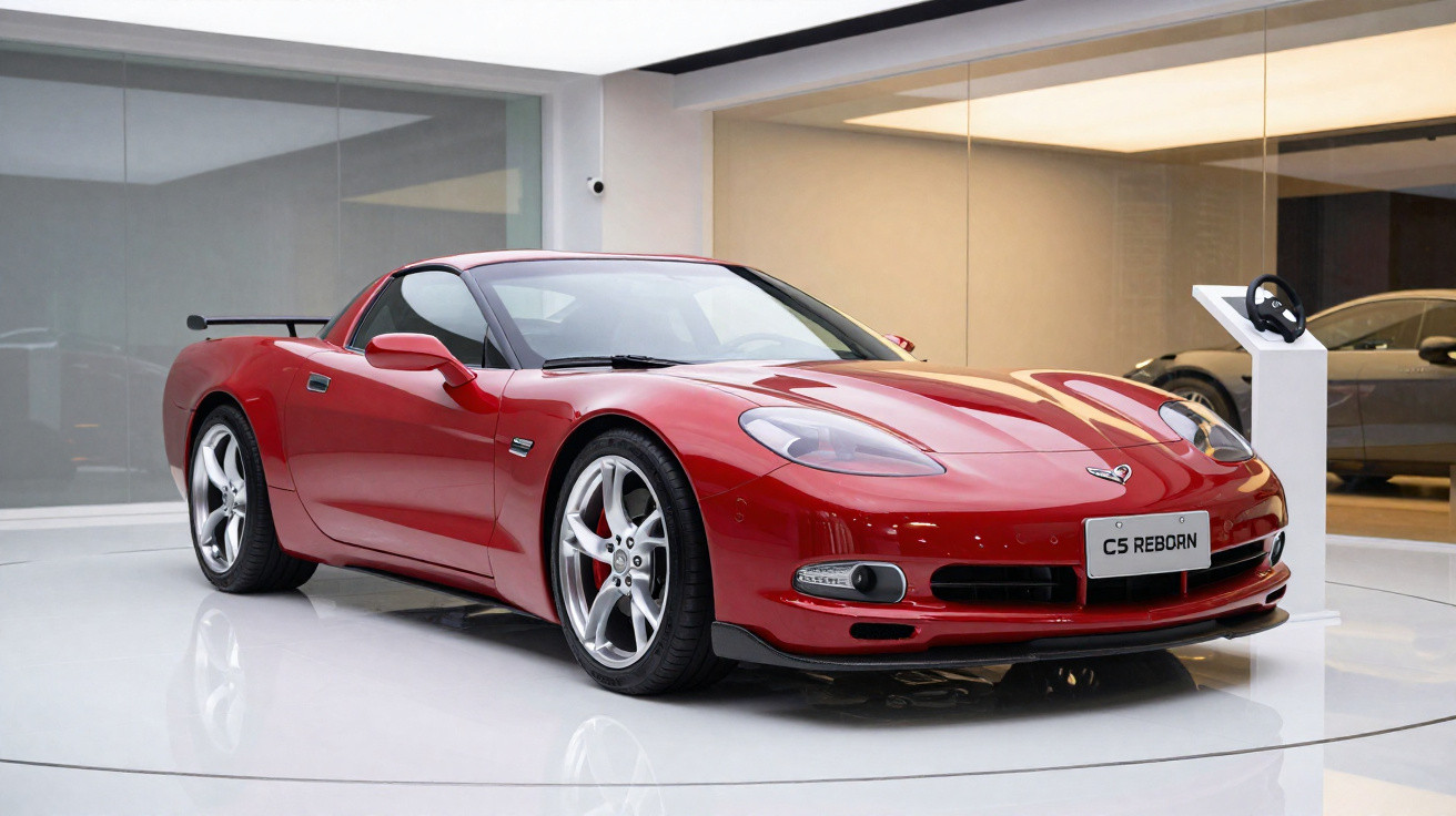 Carro esportivo vermelho brilhante exibido em showroom moderno com piso branco polido.