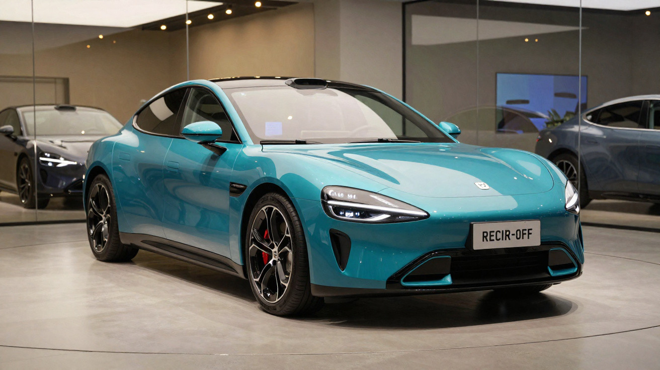 Carro esportivo azul metálico em exposição com faróis ligados e rodas pretas com detalhes vermelhos.