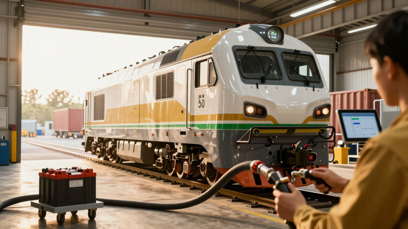 Técnico operando equipamento eletrônico perto de locomotiva em oficina ferroviária iluminada.