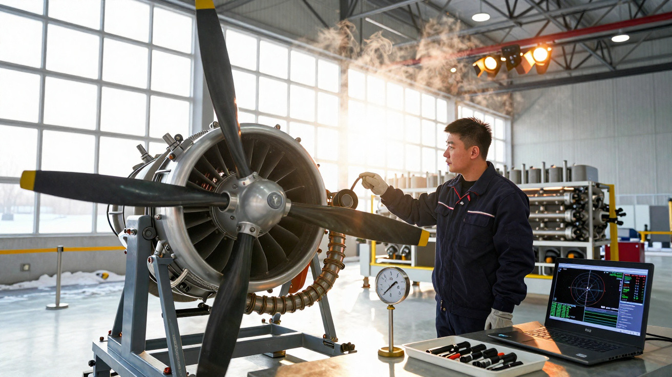 Homem com macacão realiza testes em motor de avião com hélices em laboratório moderno e iluminado.