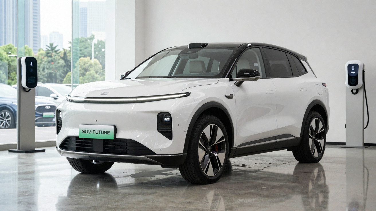 SUV elétrico branco com teto preto, exibido em ambiente interno com estações de recarga ao fundo.