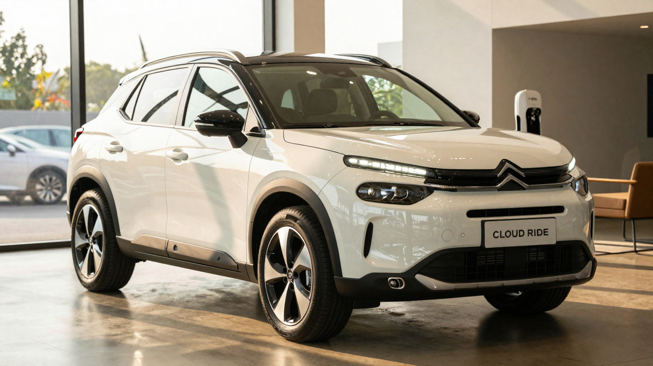 Carro elétrico branco Citroën Cloud Ride estacionado em showroom com recarga ao fundo.