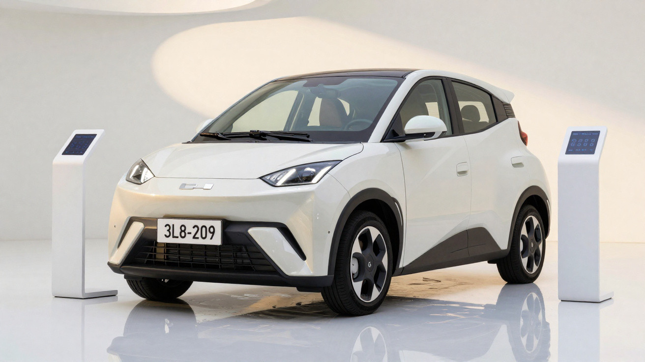 Carro elétrico branco compacto exposto em ambiente moderno com dois painéis informativos ao lado.