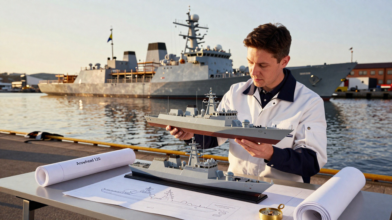 Homem observa maquete de navio de guerra com navio real ao fundo em doca naval.