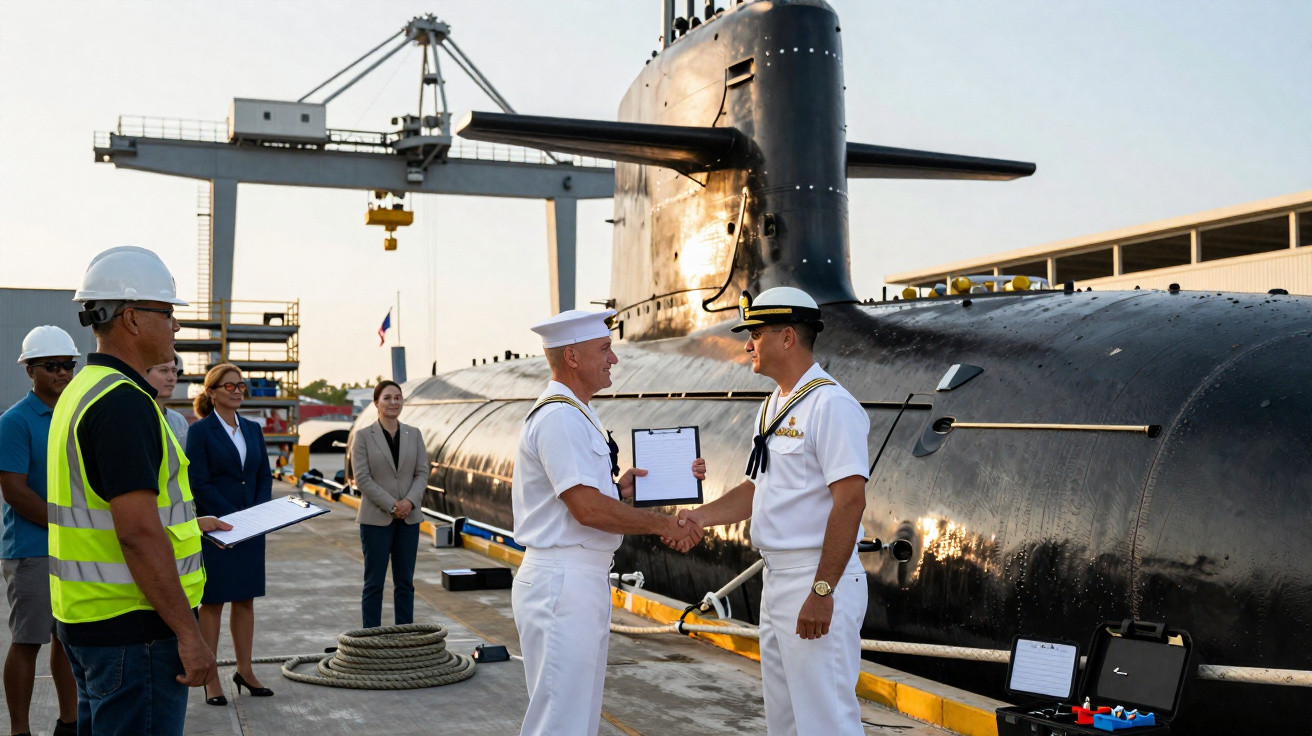 Dois militares da marinha em uniforme branco apertam as mãos diante de um submarino preto atracado, com outros presentes obse