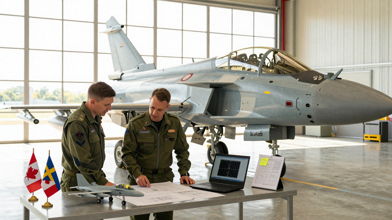 Dois militares revisam plantas em mesa com modelo de avião e laptop, com caça militar em hangar ao fundo.
