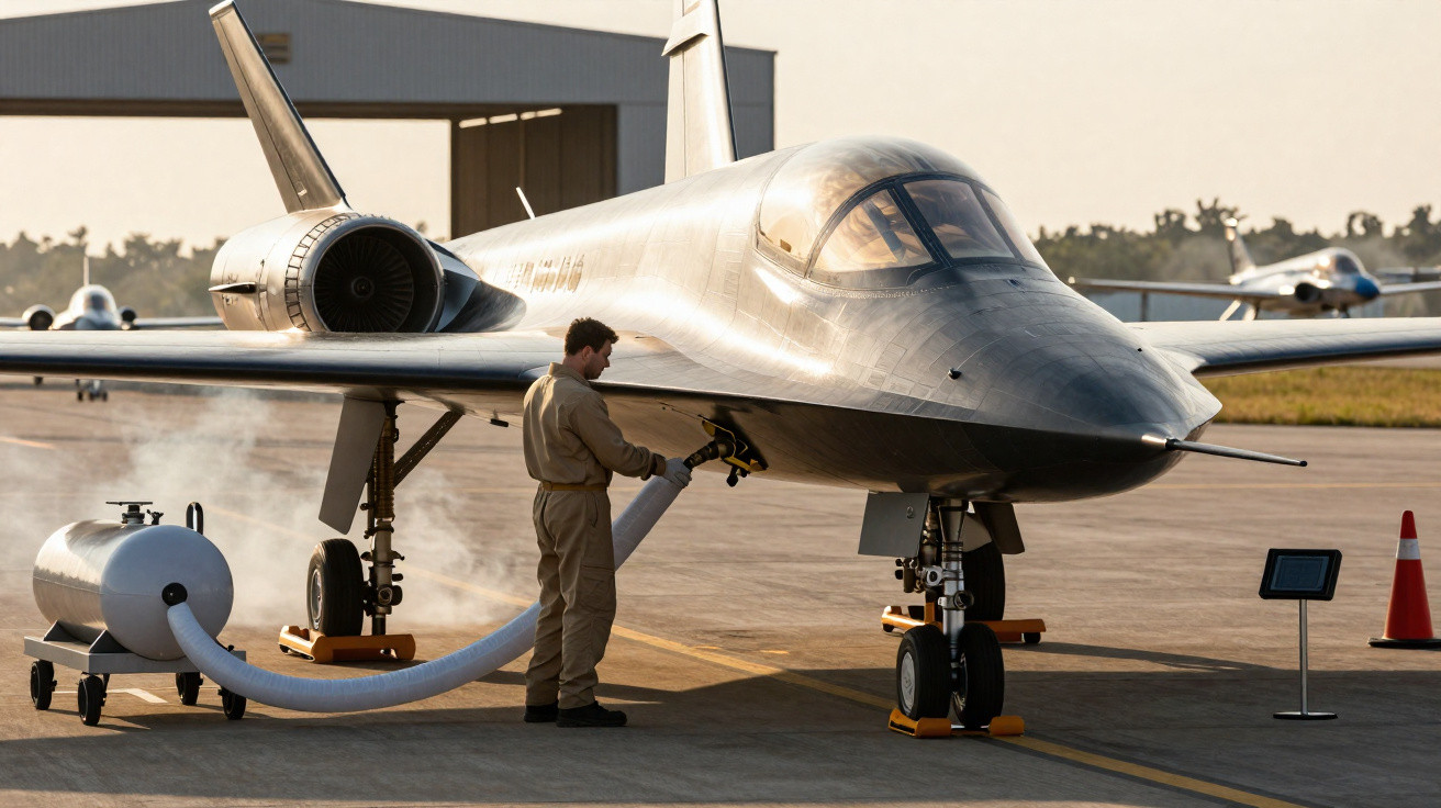 Homem realizando manutenção em avião furtivo estacionado em pista de aeroporto ao pôr do sol.