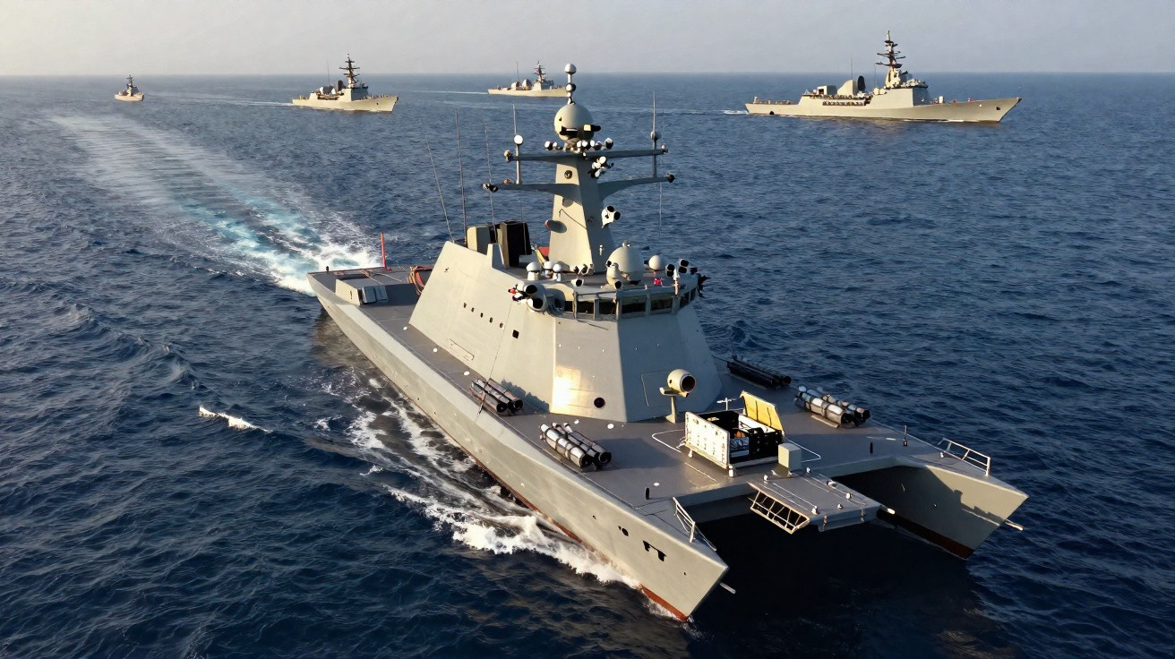 Navio de guerra catamarã em mar aberto com outras embarcações militares ao fundo.