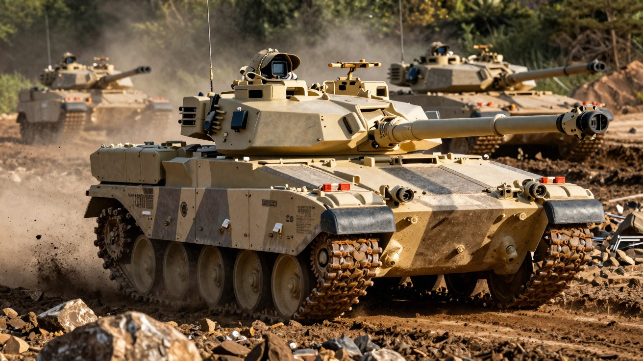 Tanques militares de cor areia em ação em terreno seco e rochoso com vegetação ao fundo.