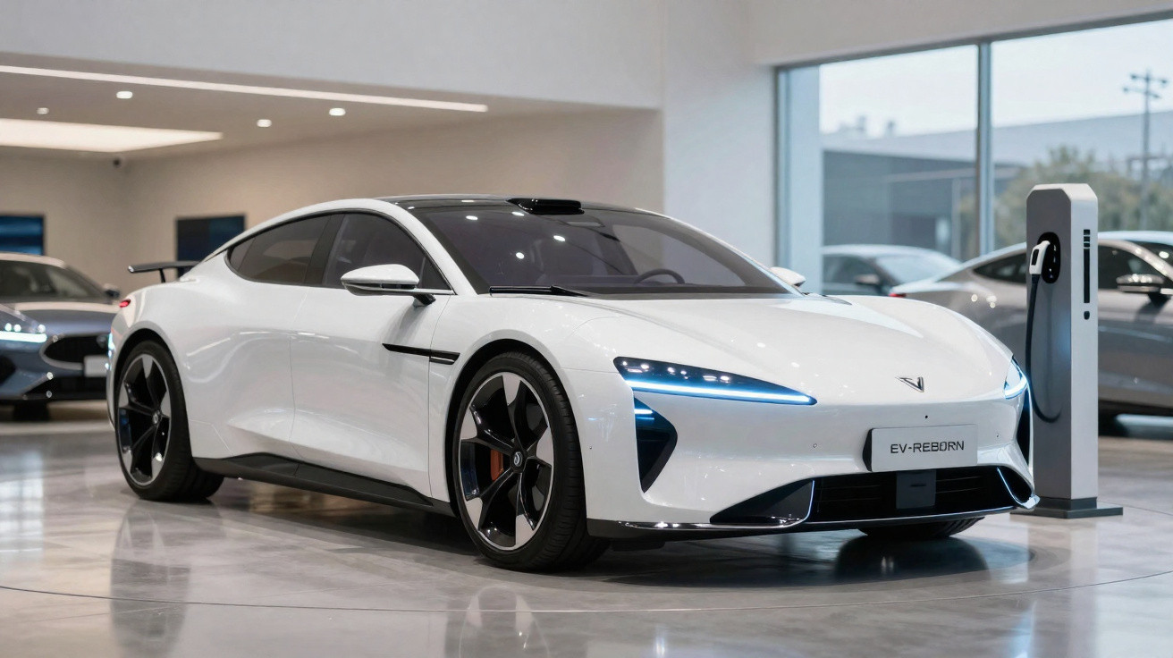 Carro elétrico esportivo branco estacionado em showroom moderno, conectado a estação de recarga.